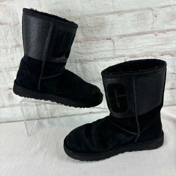 UGG Girl's Women's 6 Black Classic Short Sparkle Suede Glitter Boots - Picture 8 of 9